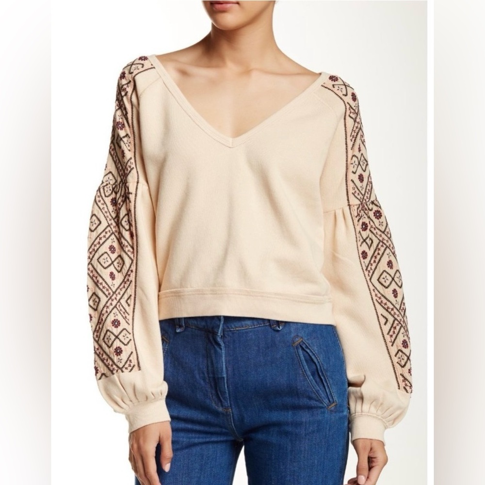 FREE PEOPLE Cream Embroidered Sweatshirt